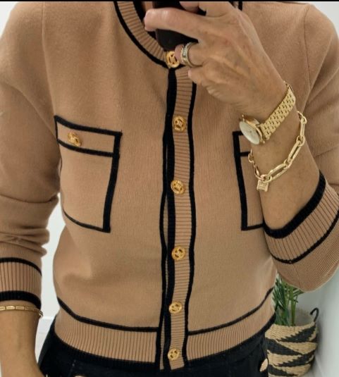 Camel and black trim cardigan with gold buttons