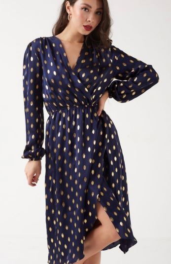 Navy with gold leaf faux wrap dress