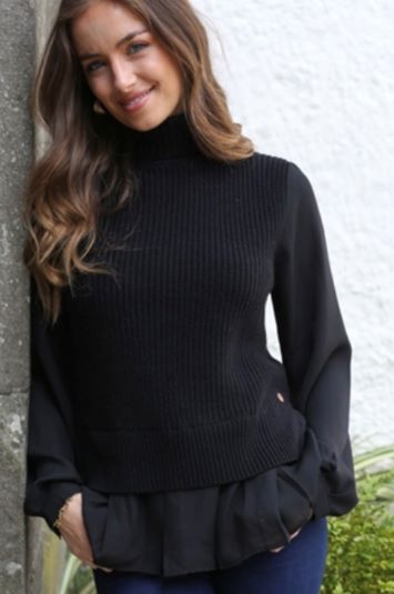 Rant & Rave black rib jumper with polo neck and sheer sleeve