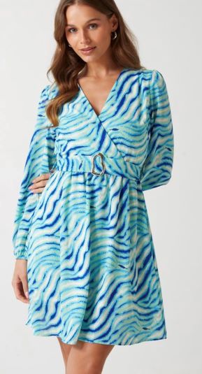 Blue and turquoise faux wrap dress