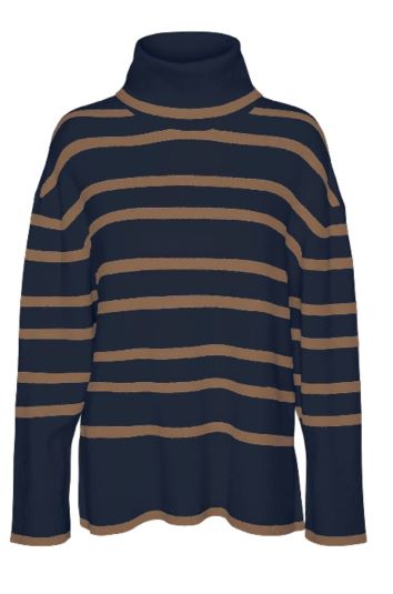 Vero Moda Stripe Jumper with roll neck  - Navy and Camel